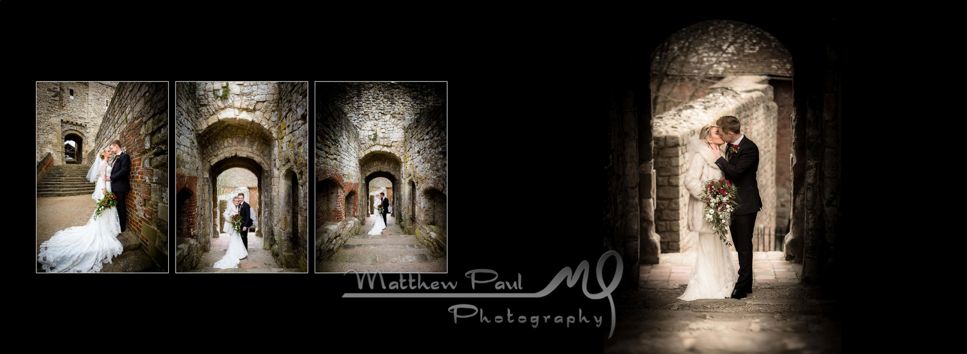 Farnham Castle, bride and groom in archway